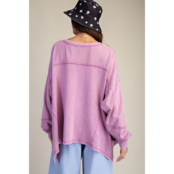 1011 EASEL Medium Mineral Washed Terry Knit V Neck Oversized Top - Picture 3 of 4